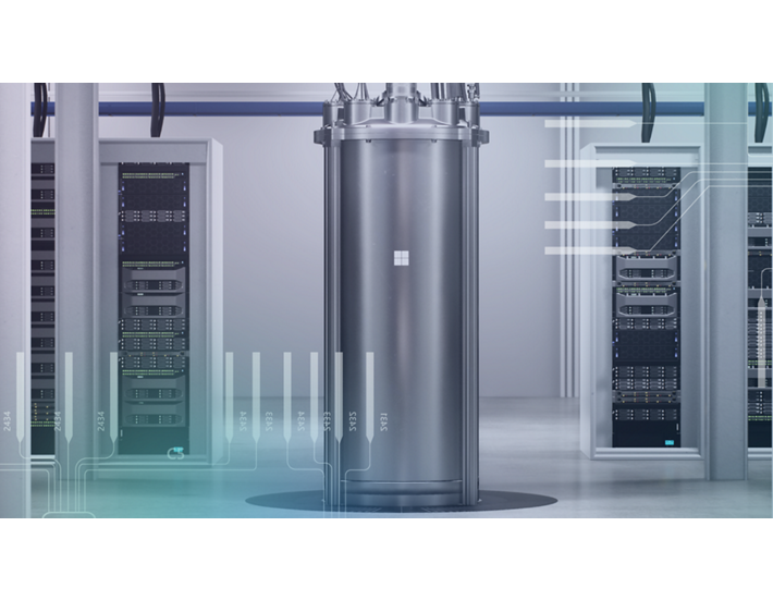 Conceptual image showing a Microsoft-branded quantum computer in a datacenter