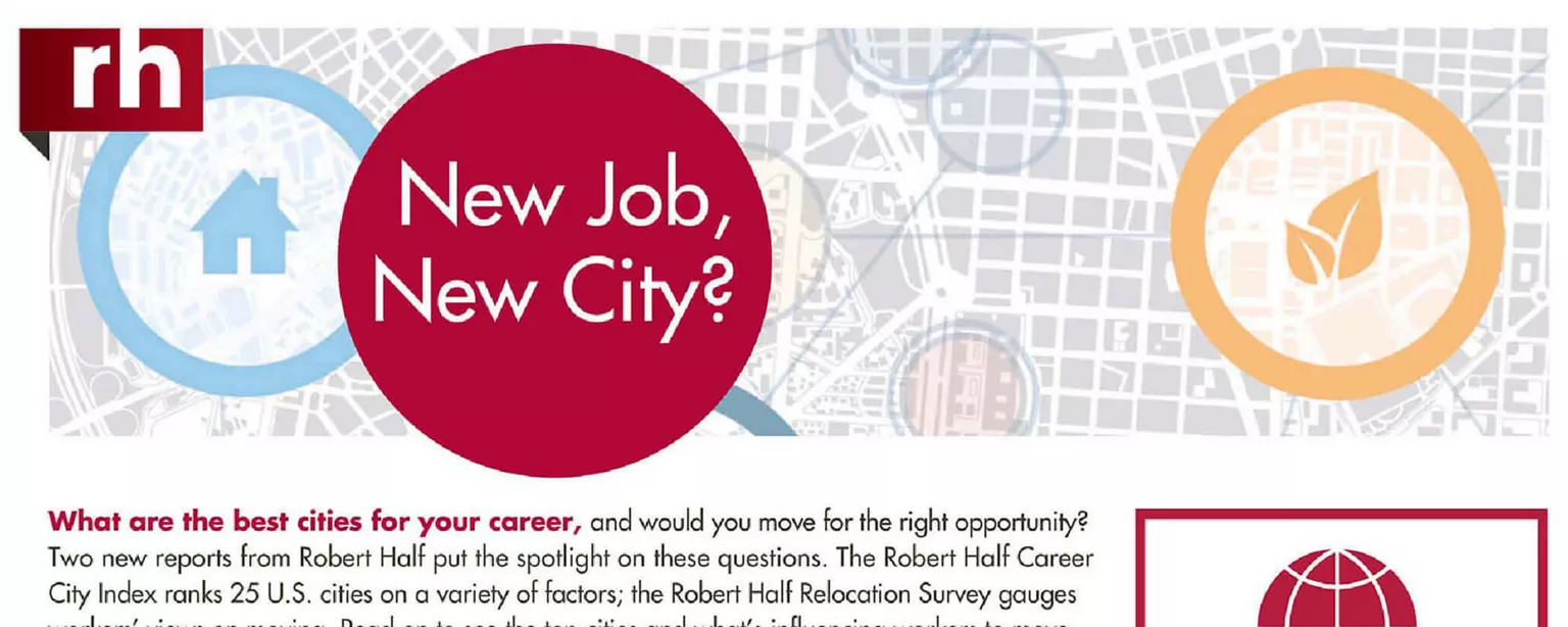 An infographic featuring results from a Robert Half survey of cities that offer best career prospects, and workers who would consider moving to a new city for a job
