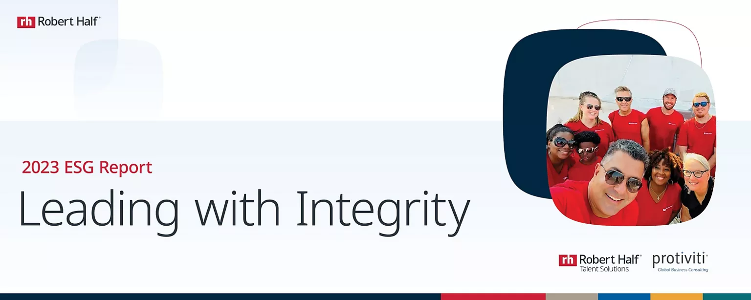 The words "2023 ESG Report" and "Leading with Integrity" appear next to an image of several Robert Half employees wearing red shirts.