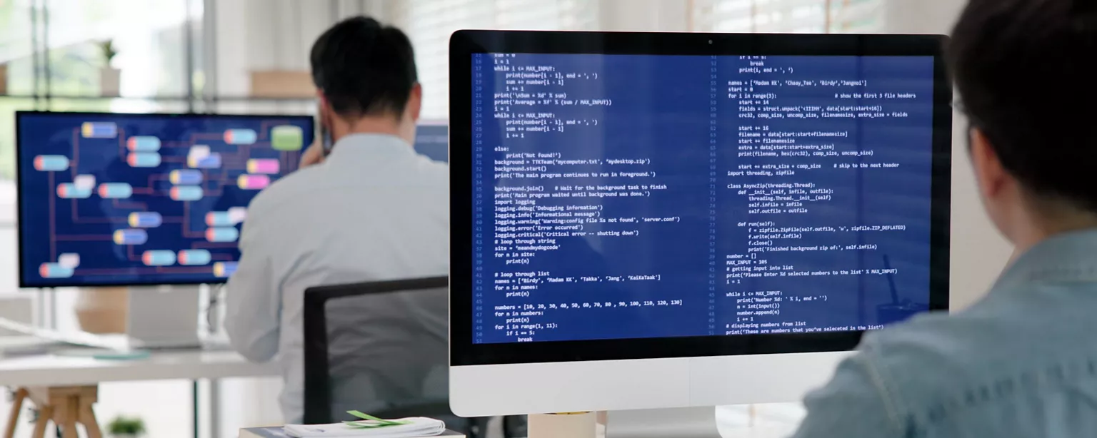 Tow businessmen sitting in front of their computer dealing with software