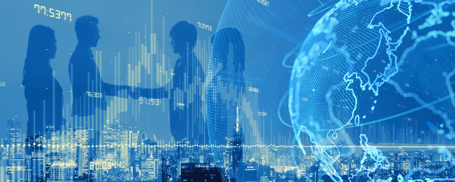 Businessmen and businesswomen shaking hands in the tech world