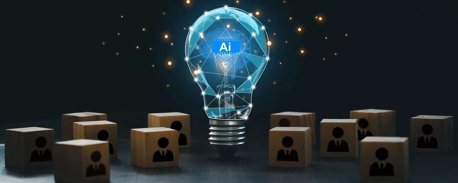 AI with a digital brain in a lightbulb with human icons in wooden blocks for AI vs human competition..