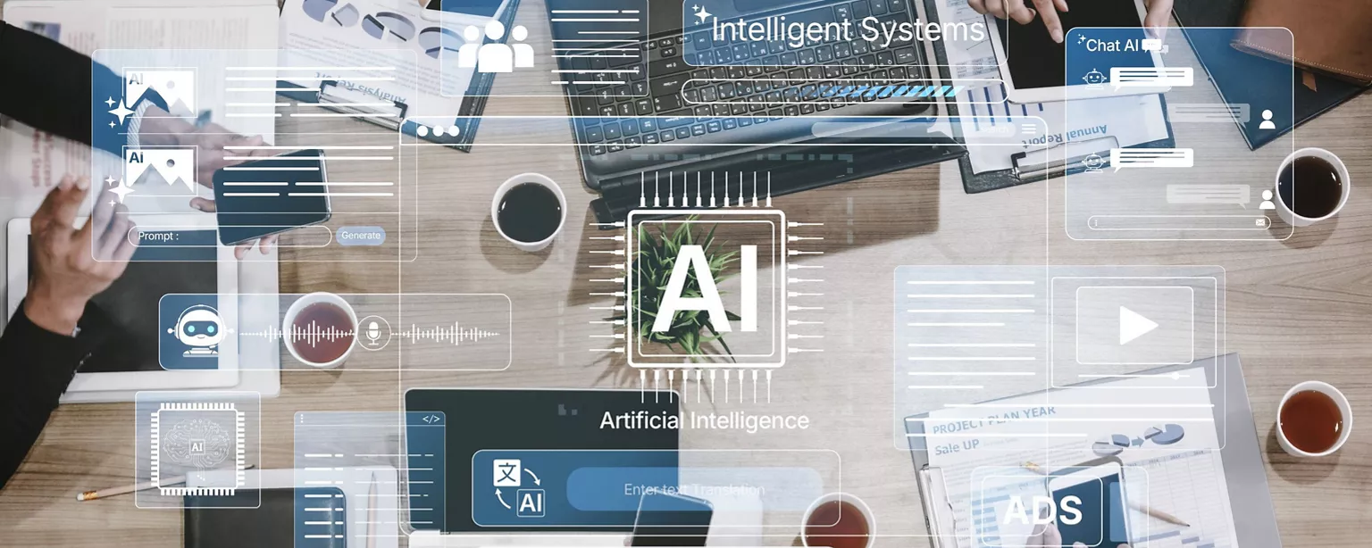 AI icon and some businessmen and businesswomen at the table