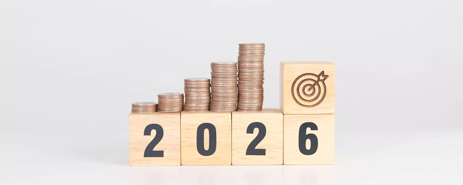 2026 and coins arranged in a staircase pattern