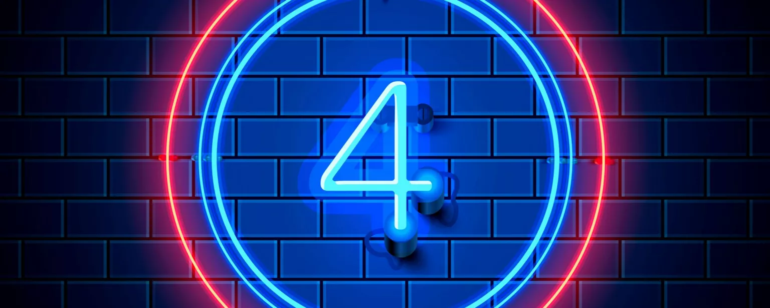 A neon number "4" inside blue and pink circles of neon light on a blue brick wall.