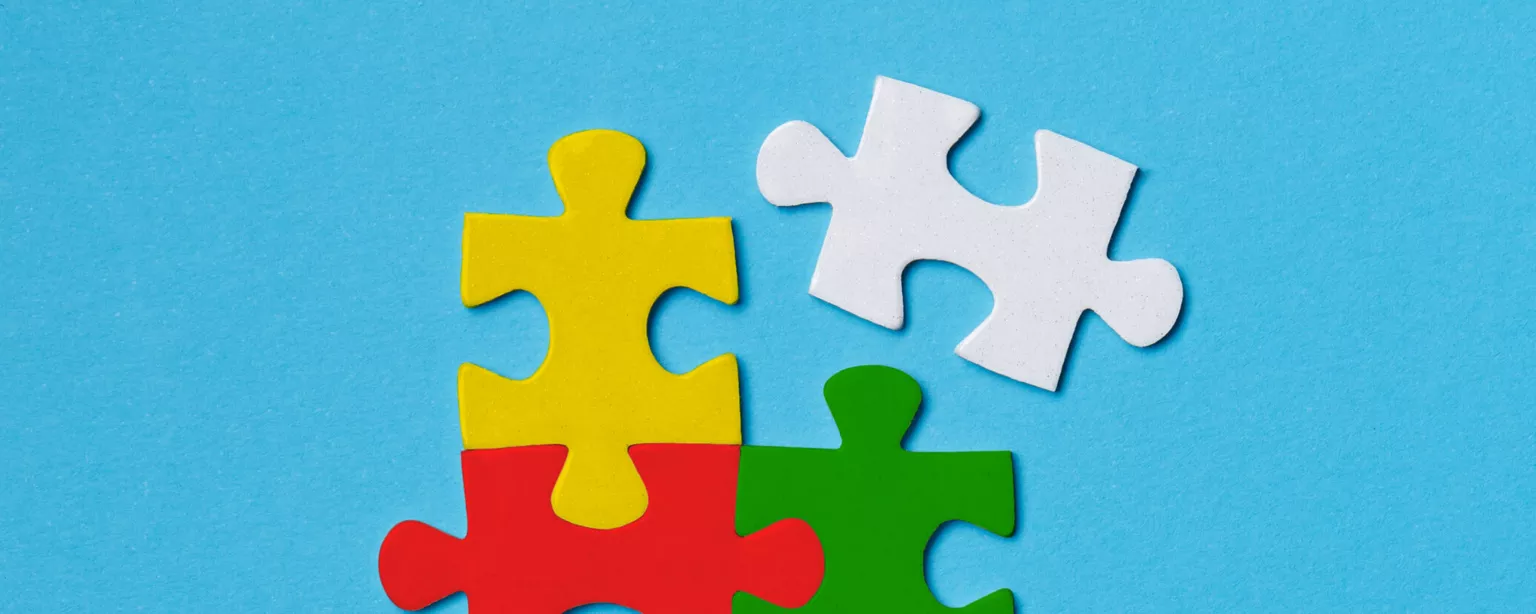 Four puzzle pieces — yellow, red, green and white — stand out against a light blue background.