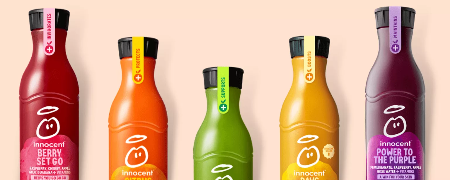 Image featuring five Innocent smoothies in their bottles