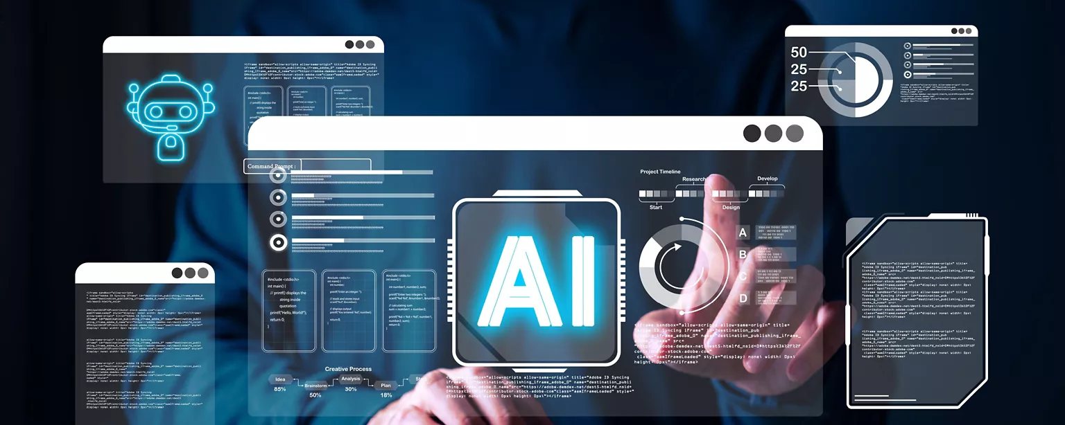 A hand touches a virtual screen to interact with a futuristic AI marketing interface.