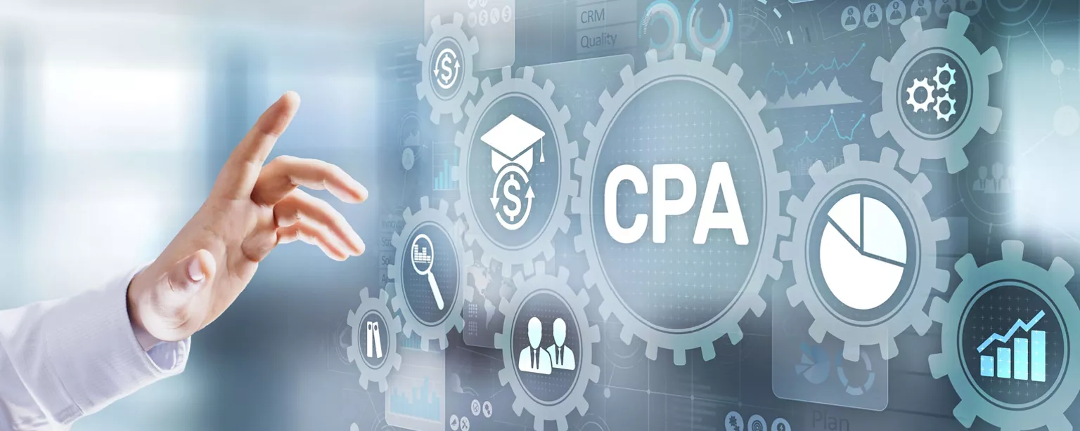 A hand reaching for a hologram with many gears and images inside them, including a bar chart, a pie graph.