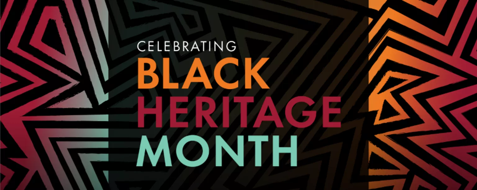The phrase "Celebrating Black Heritage Month" appears in bold colors and is set against a vibrant background.