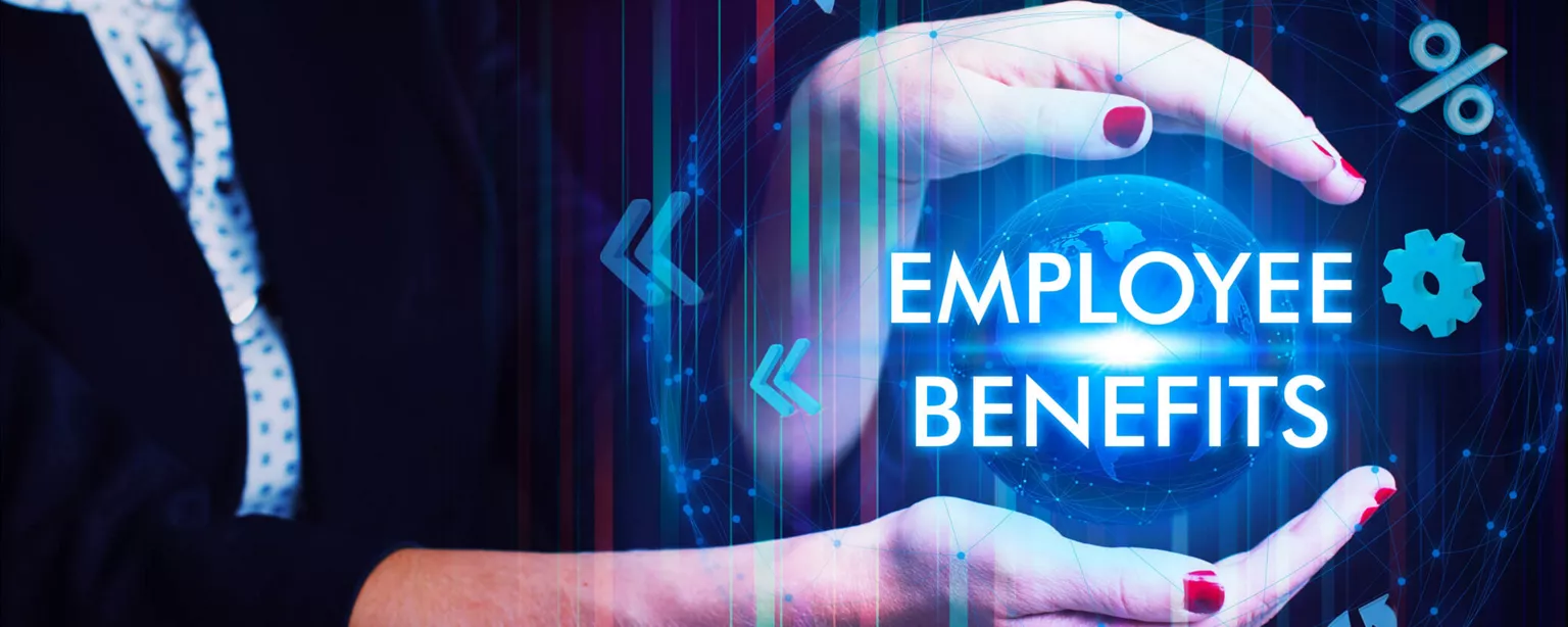 12 Employee Benefits and Perks for Your Hiring and Retention Plan — woman holding a virtual screen with the inscription: EMPLOYEE BENEFITS