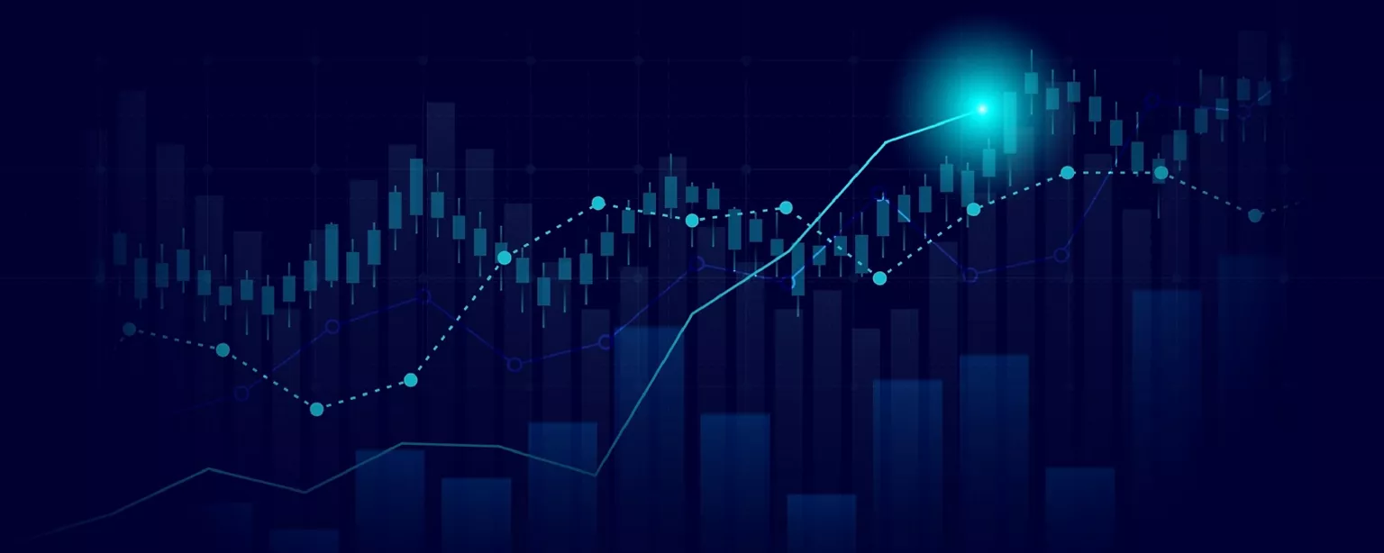 Financial chart with moving up stock market graph in blue light color background.