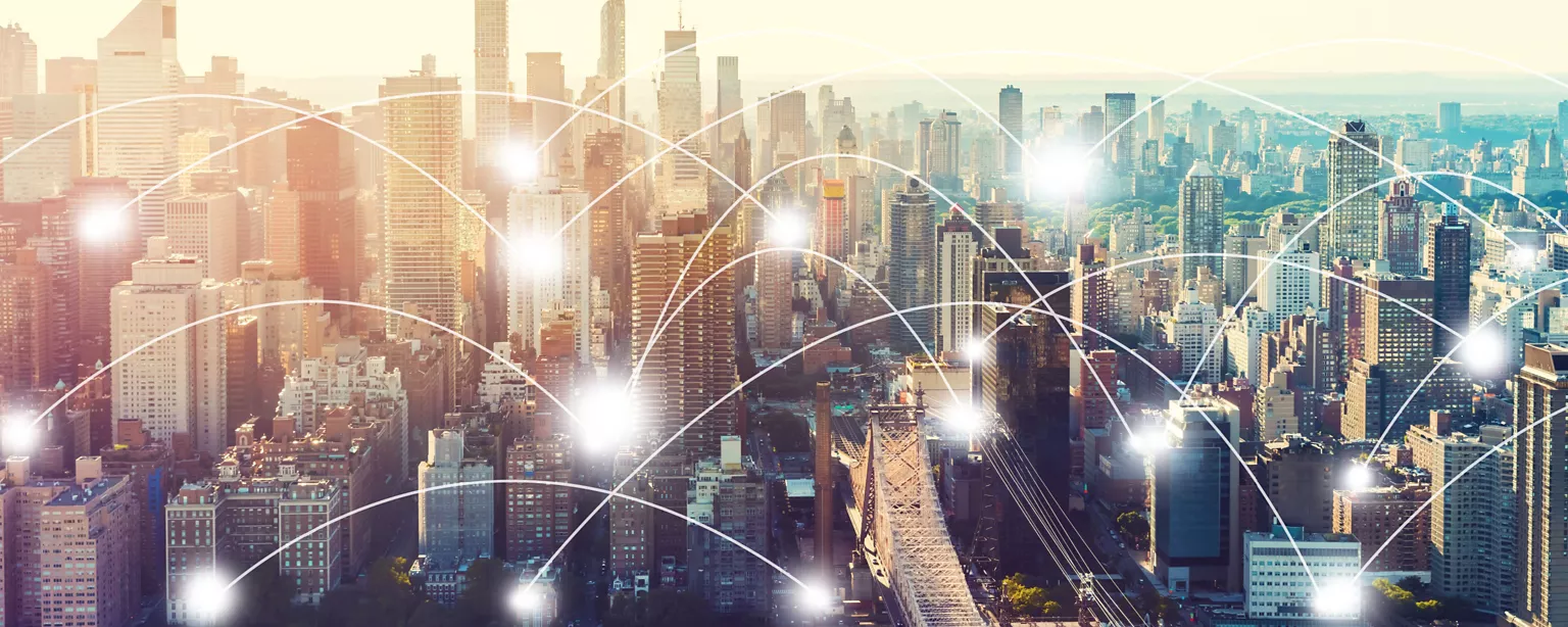 Network and connection technology concept with the New York City skyline near Midtown.