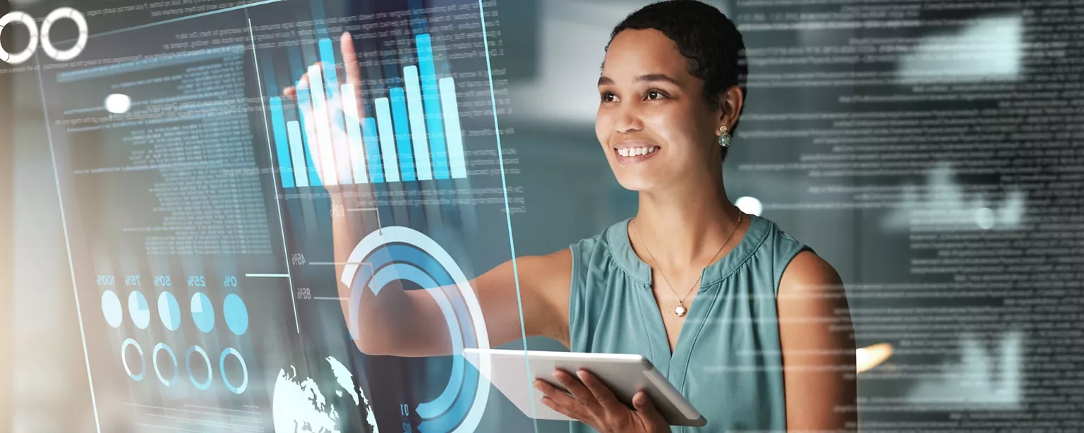 Black woman with tablet, smile and dashboard overlay for erp data innovation, research and programming in future technology.