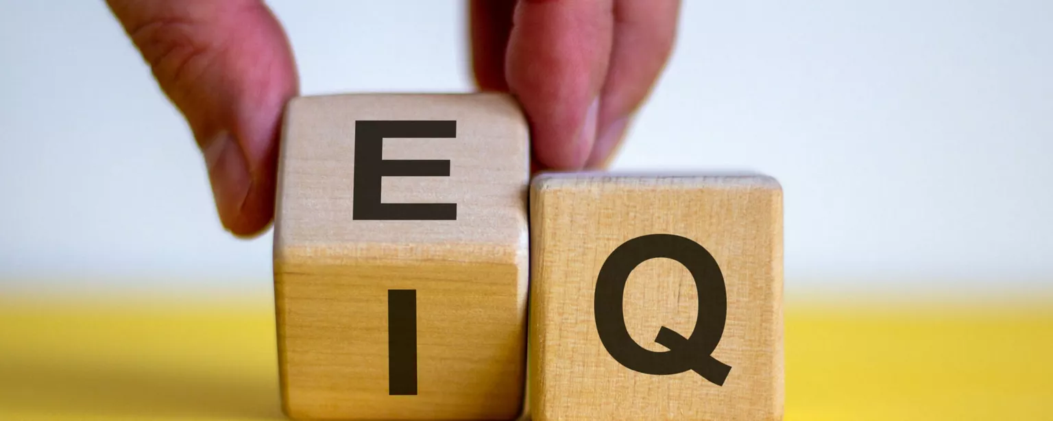 Two wooden, lettered blocks, with a hand turning the blocks to say "EQ" instead of "IQ."