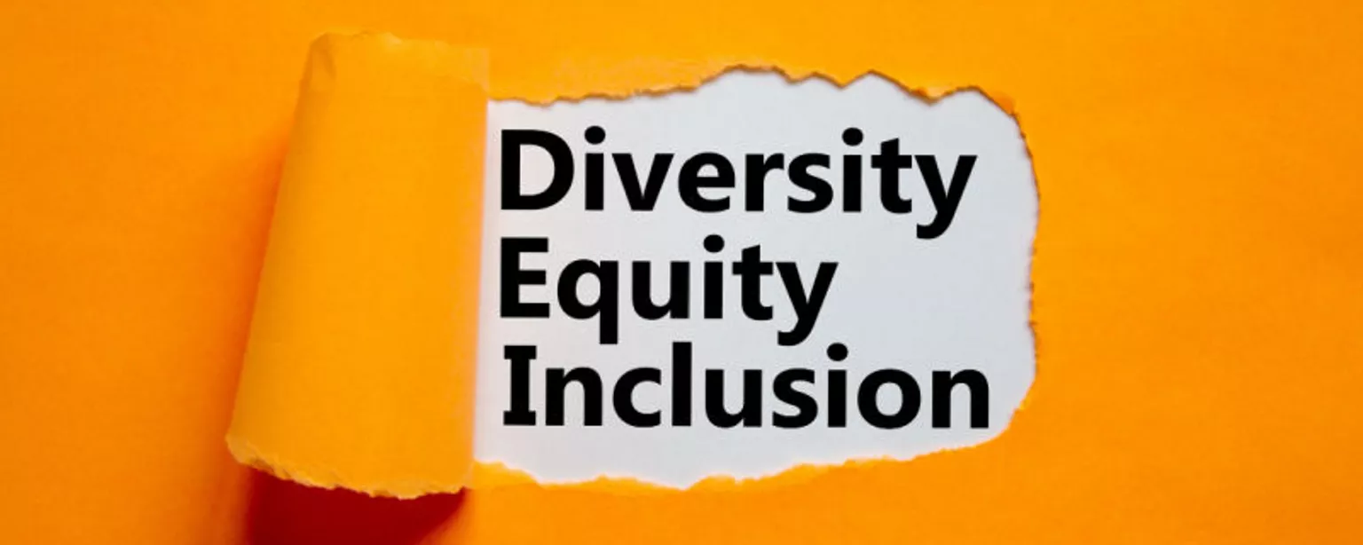 The words "Diversity, Equity and Inclusion" appear in black letters on a white background, surrounded by an orange background.