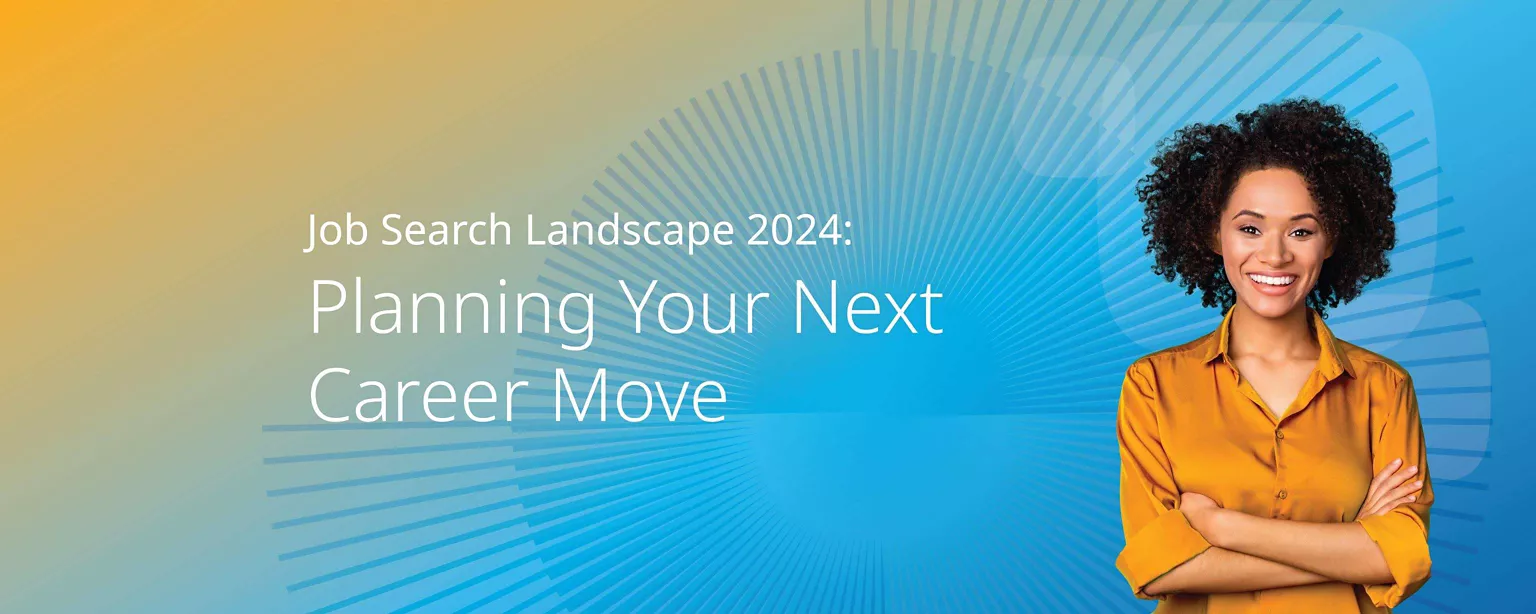 Job Search Landscape 2024: Planning Your Next Career Move. A smiling woman wearing a yellow blouse stands confidently with her arms crossed on a colorful gradient background.