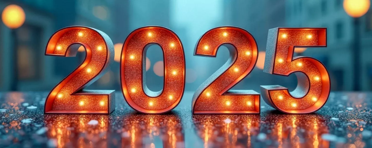 A lighted orange sign that reads "2025" sits on a reflective surface and shines brightly with city buildings in the background; a concept of looking ahead to the New Year.