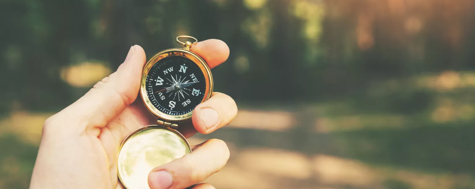 A hand holding a black and gold compass, with a trail and forest in the background.