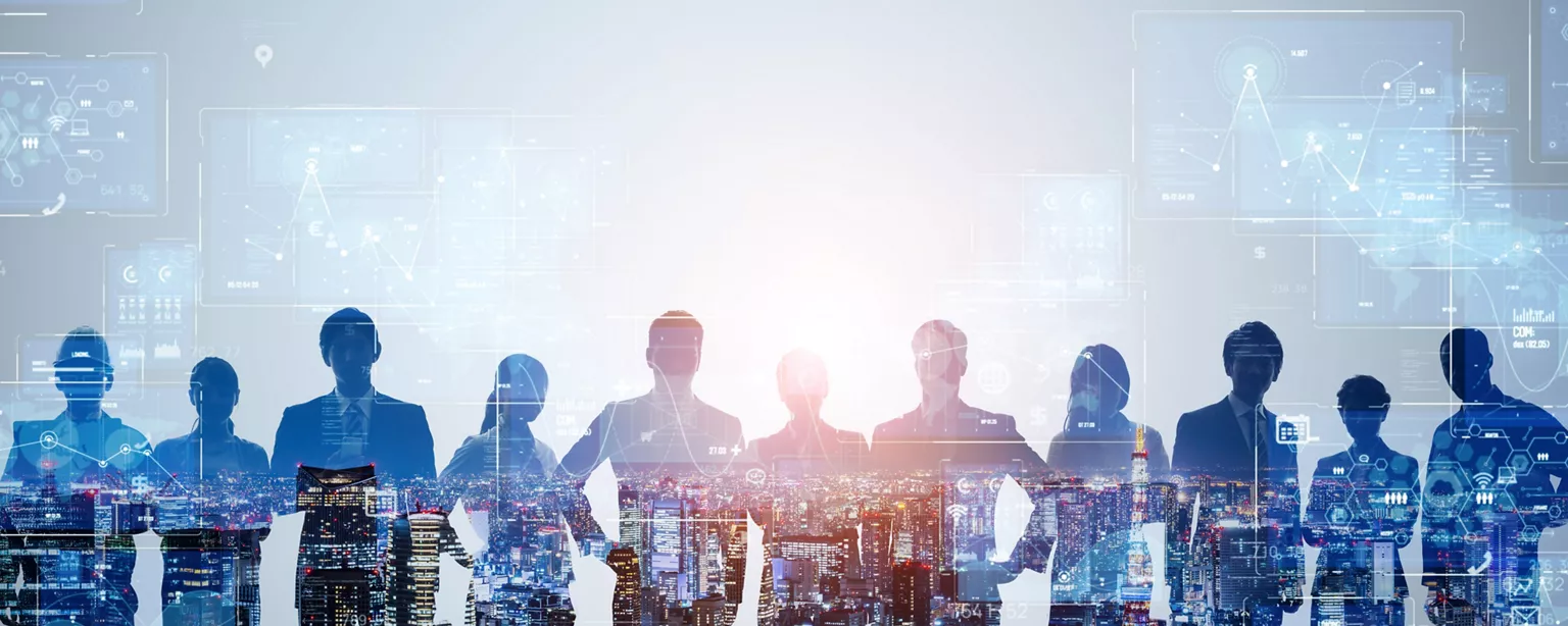 Silhouettes of a diverse group of professionals standing in front of a city skyline, overlaid with digital charts and data graphics.