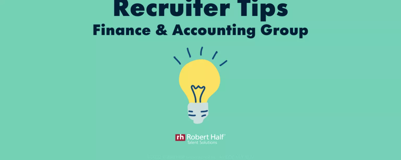 An illustration of a light bulb on a light green background, positioned below the copy "Recruiter Tips, Finance & Accounting Group" and above the Robert Half Talent Solutions logo.