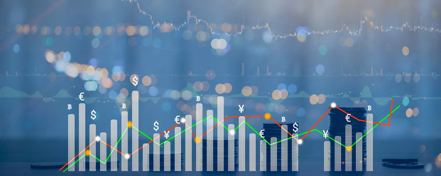 Candlestick chart with global monetary symbols.