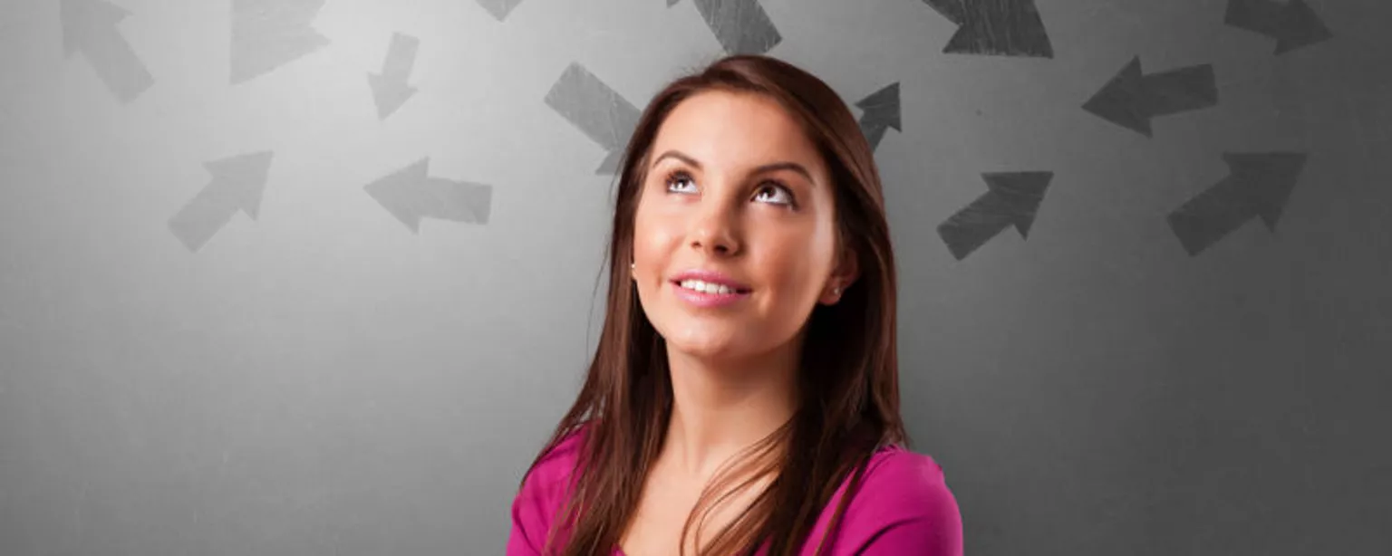 A woman reflects on accepting a job offer as several arrows pointing in different directions hover over her head.