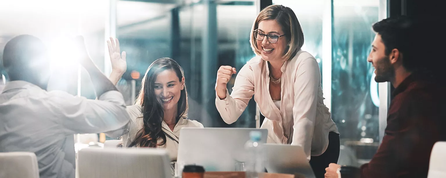 Business people, happy and celebration for success in office with company investment and stock market bonus.