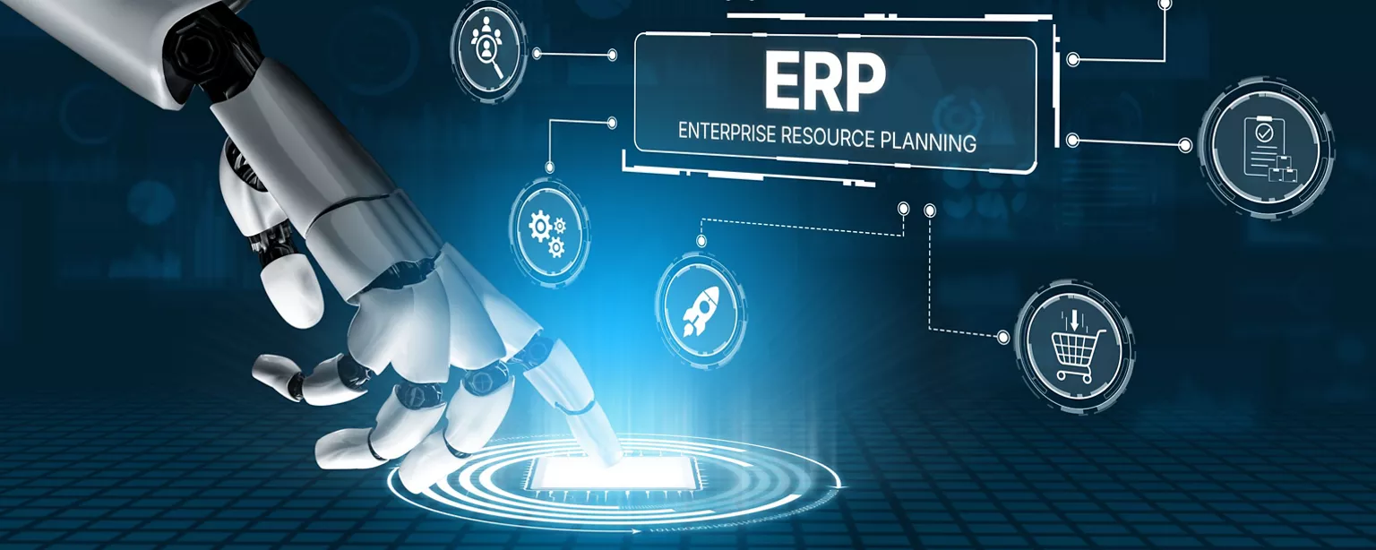 An AI hand touches a square that illuminates the letters ERP and a few supporting graphics around it.