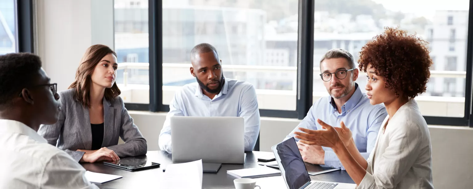 A young businesswoman leading a team meeting at a startup company.