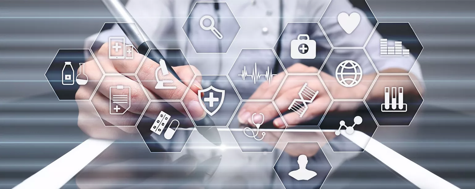 A medical professional sits at a desk wearing a stethoscope and working on a tablet, with medical-themed graphics overlaying the image.