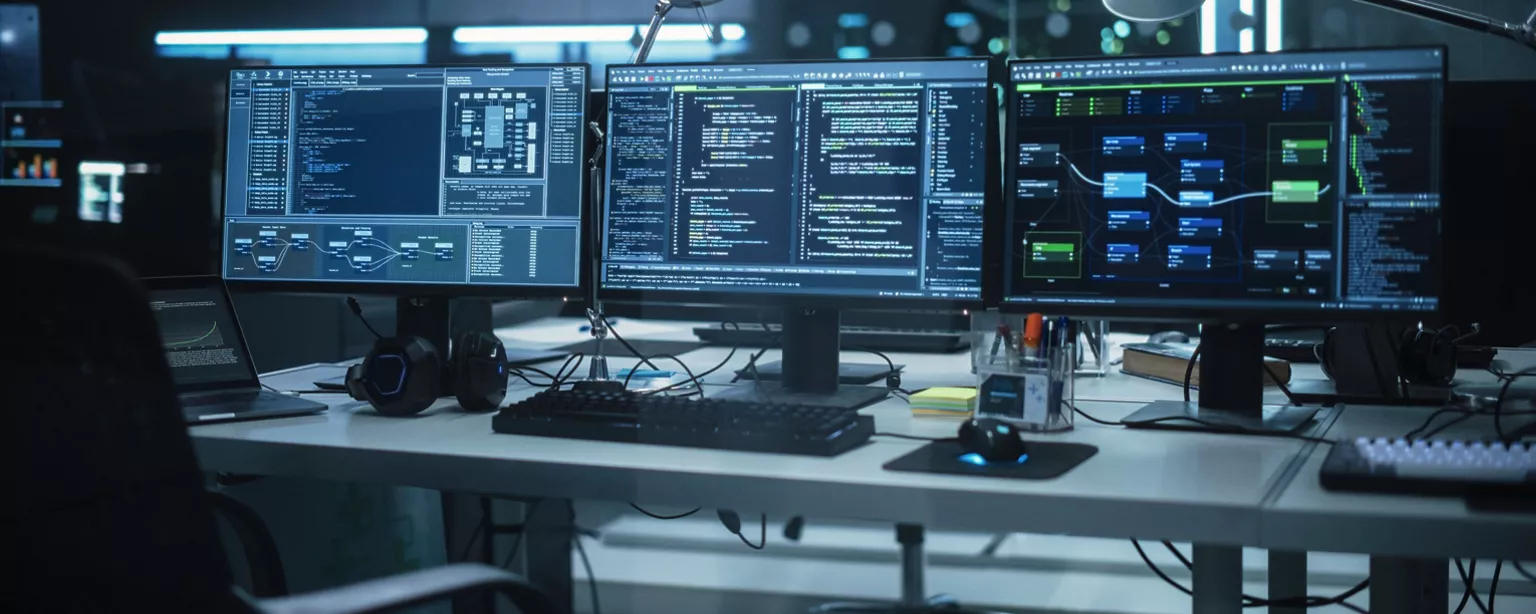 Multiple monitors display data visualizations, coding environments and system analytics in a high-tech office setting.