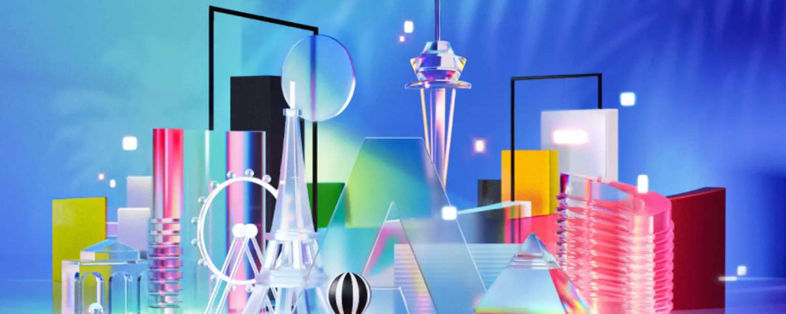 Brightly colored geometric shapes and iconic structures appear against a purplish-blue background.