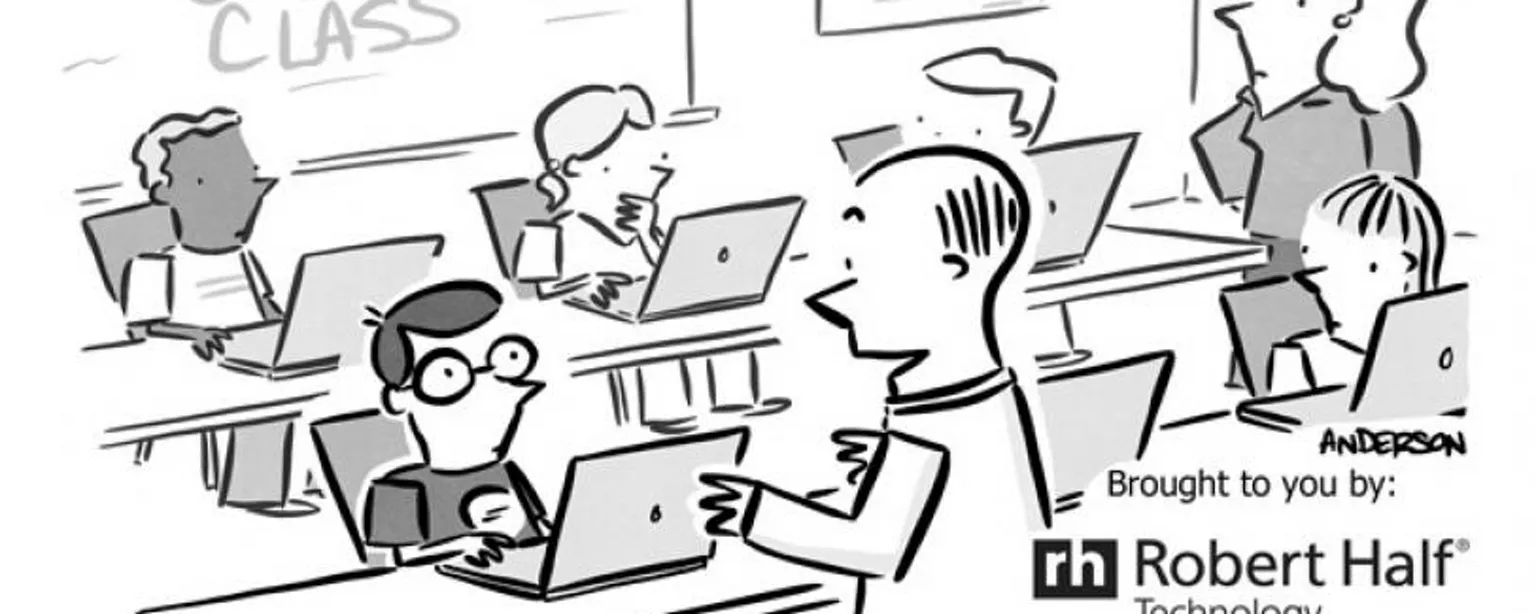 Cartoon of a tech recruiter offering a job to a coding student