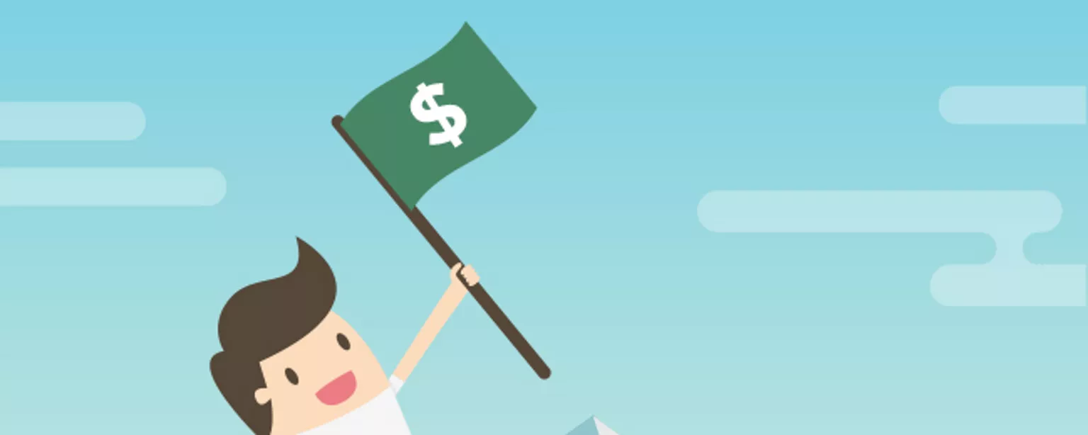 Illustration of a man climbing a mountain holding a flag with a dollar sign on it.