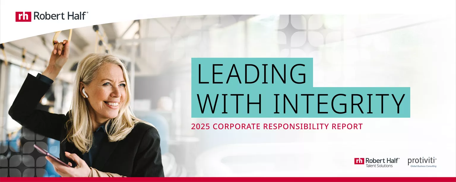 The words "Corporate Responsibility Report 2025" and "Leading with Integrity" appear next to an image of two professionals, one riding a scooter, the other looking at their phone.