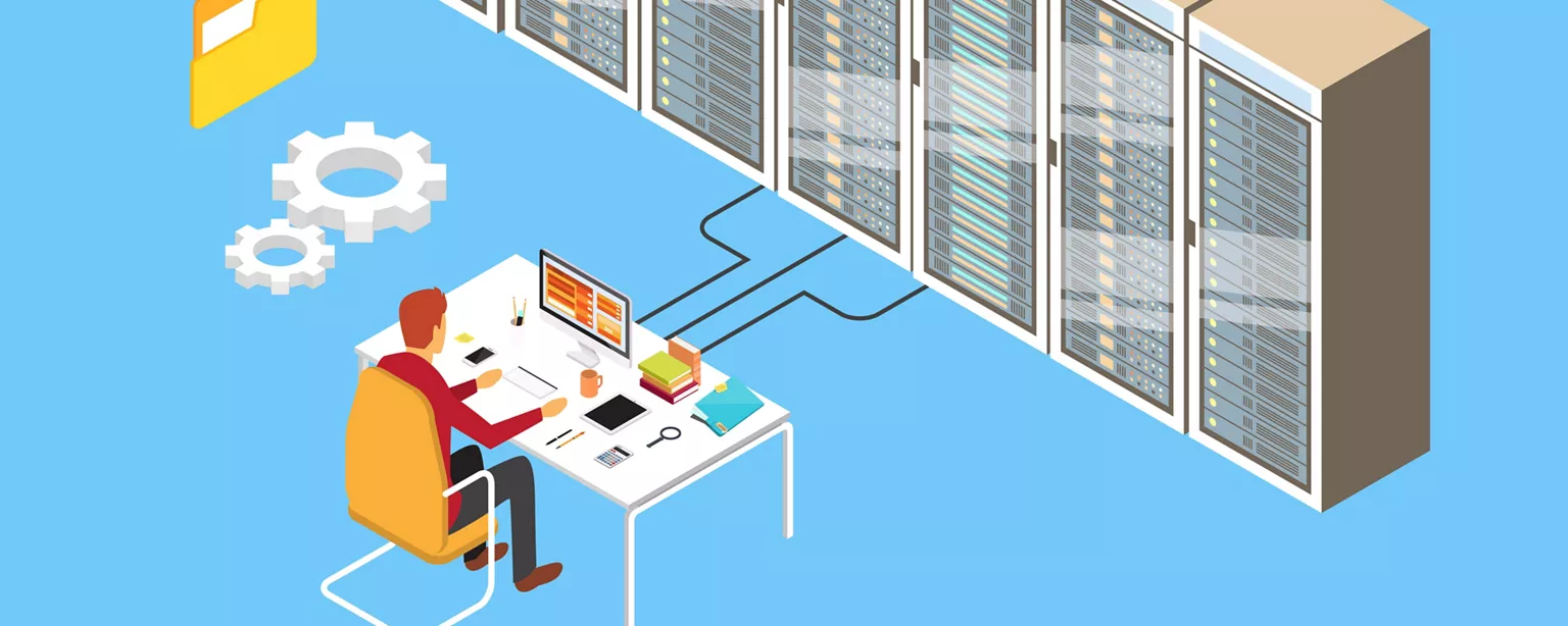 Illustration of man sitting at desk that connects with servers.