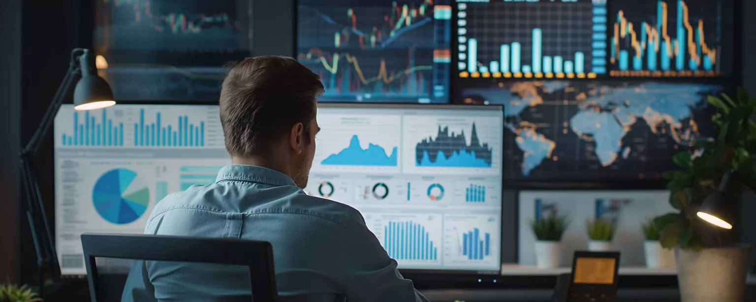 A professional analyzes financial data on multiple monitors in an office filled with charts, graphs and global market trends.