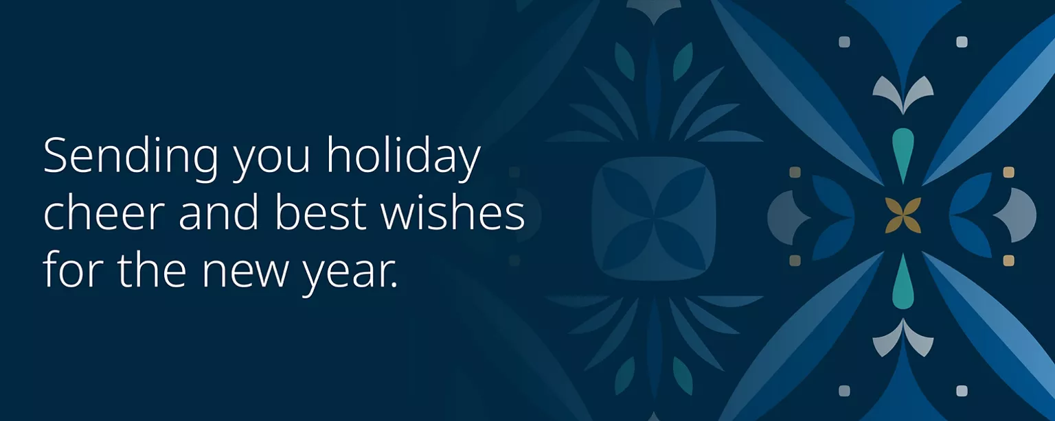 The words "Sending you holiday cheer and best wishes for the new year." appear on a dark blue background with a design inspired by holiday wrapping paper.