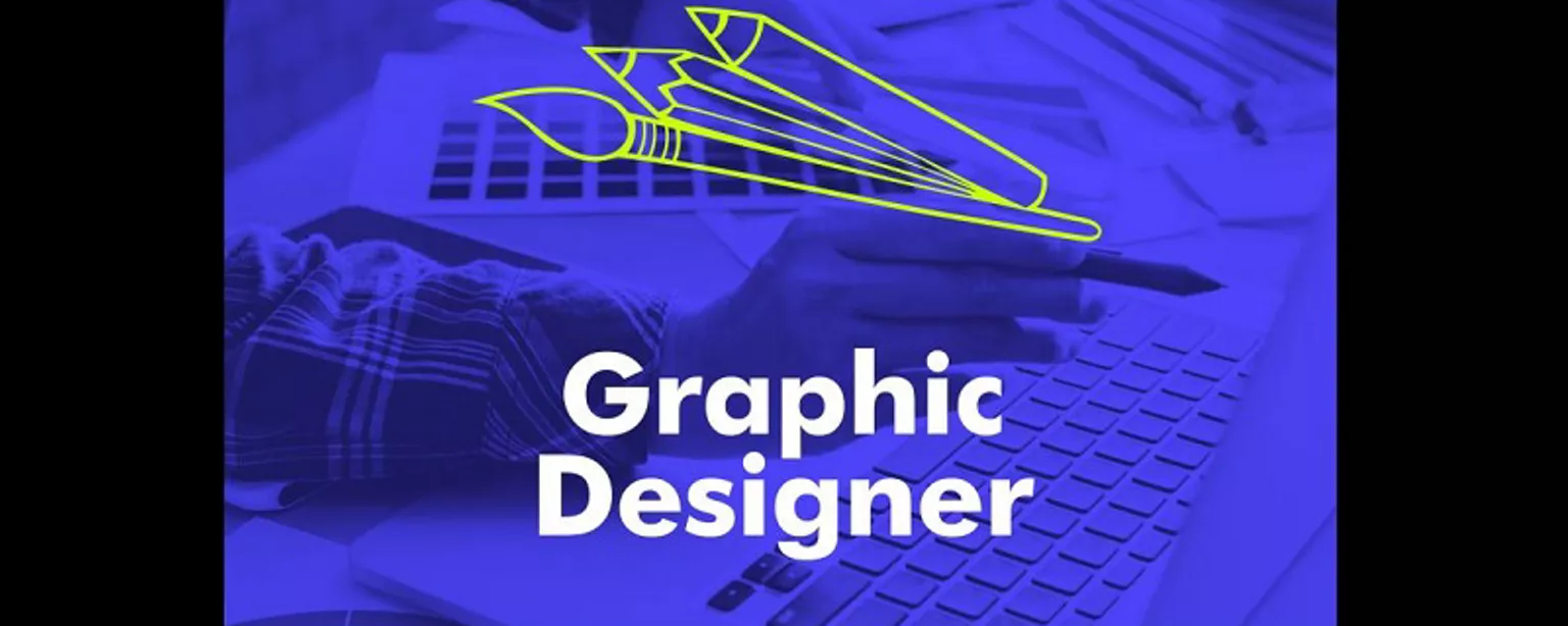 A graphic designer uses the tools of the trade at a desk; the words "Graphic Designer" are overlaid on the image below a pair of hands.