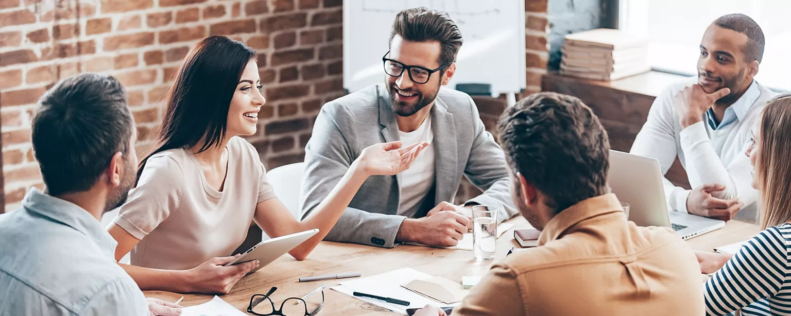 A group of diverse professionals discuss business in a conference room.