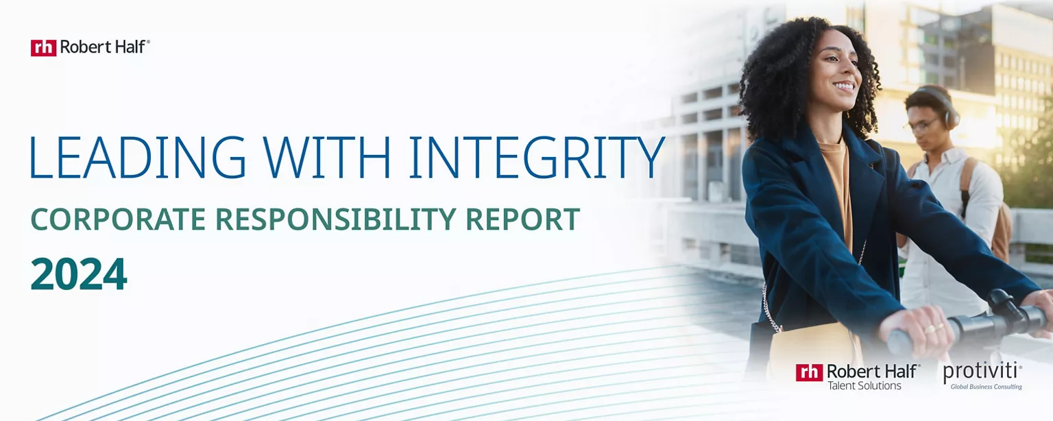 A smiling woman rides a scooter beside the text “Leading With Integrity–Corporate Responsibility Report 2024” with Robert Half and Protiviti logos.