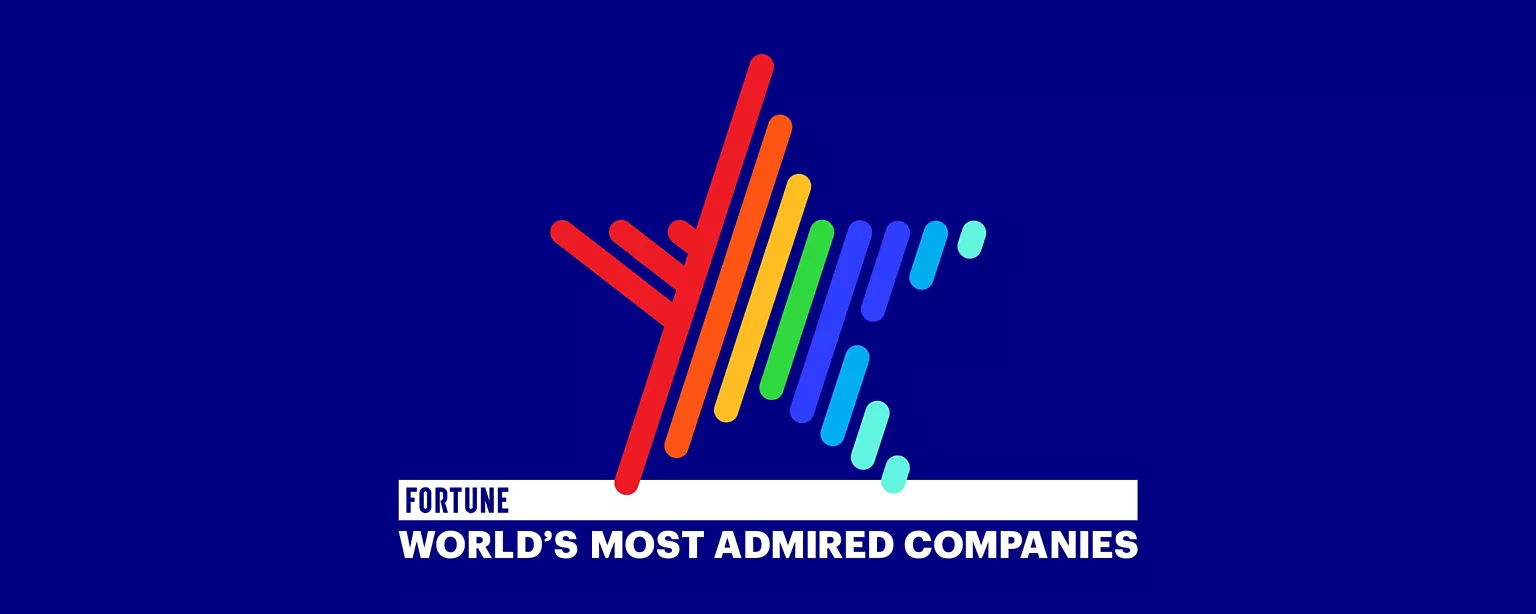Logo de "Fortune World's Most Admired Companies" sur un fond bleu.