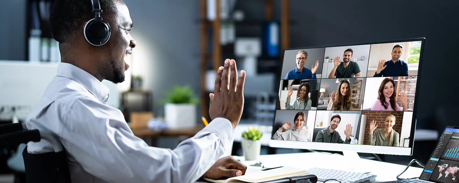 Friends online video conference by computer. Young people chat with each  other virtually in video call