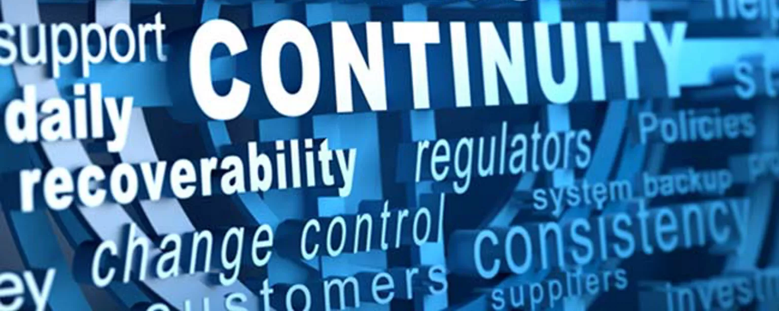 The words "business continuity" appear in white over a light blue background.