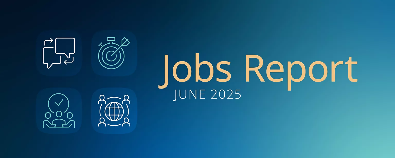 Four work-related icons appear against a blue and green background to the left of the words, "Jobs Report June 2025"