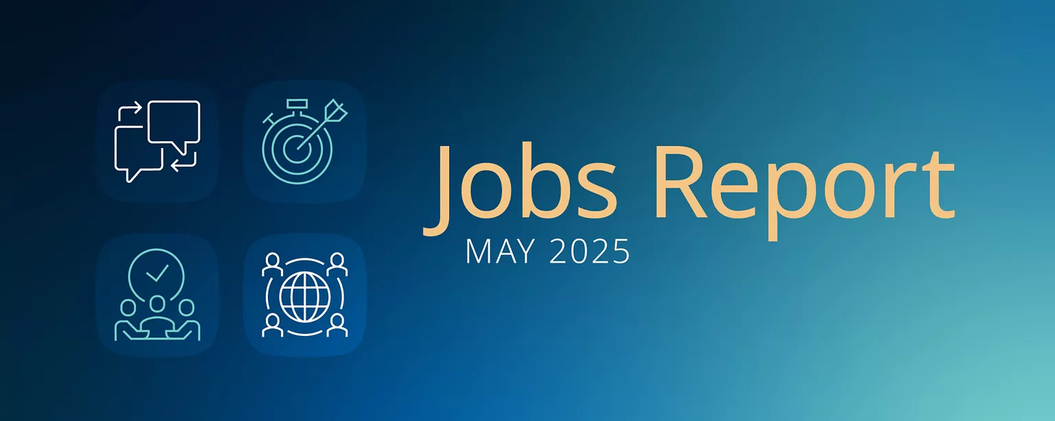 Four work-related icons appear against a blue and green background to the left of the words, "Jobs Report May 2025"
