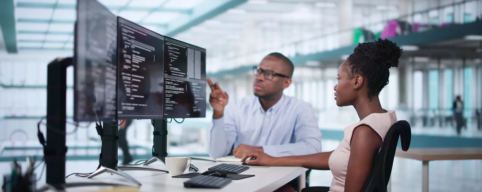 A newly hired software developer receives on-the-job training from a colleague who is pointing at her computer screen showing code..