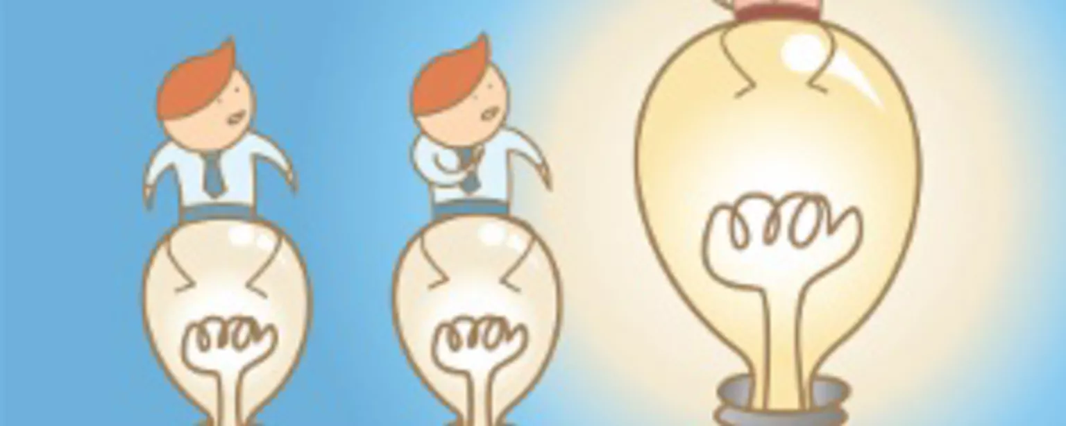 Illustration of an employee standing on top of a lightbulb.