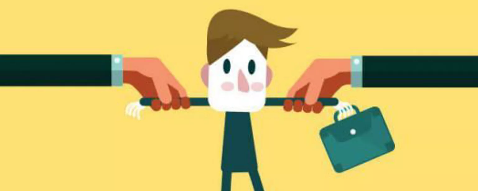 Cartoon of a businessman pulled by two hands in opposing directions